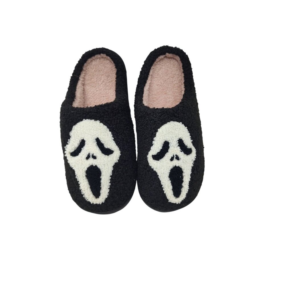Scream Face Fuzzy Unisex Indoor Slippers Black & White Size 40-41, Non-Slip Sole